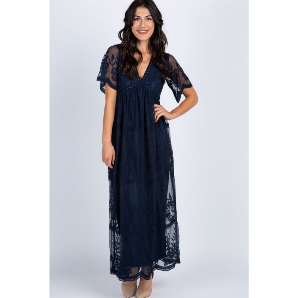 PinkBlush Navy Blue Lace Mesh Overlay Maxi Dress Large